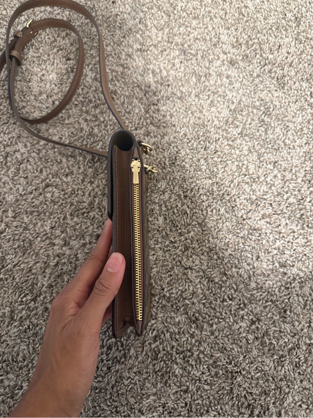 Coach Brown Signature Monogram Crossbody Phone Pouch - Picture 2 of 10